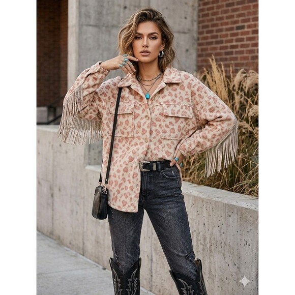 Blue B Jackets & Blazers - Blue B Leopard Print Fringe M Shacket Western Boho Brushed Flannel Jacket Cowgir